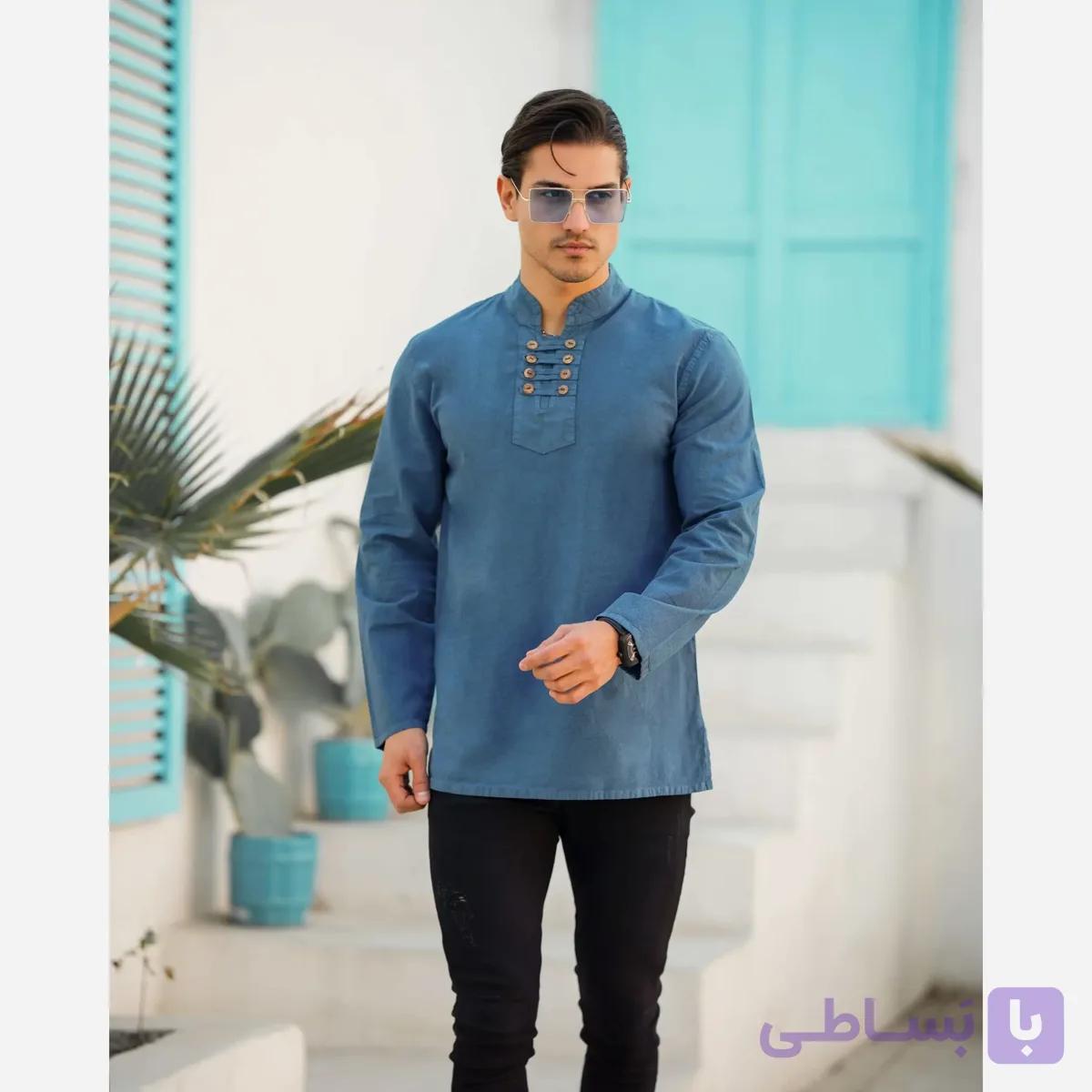 پیراهن مردانه الیاف طبیعی 100 درصد پنبه مدل چهار دکمه رنگ آبی نفتی