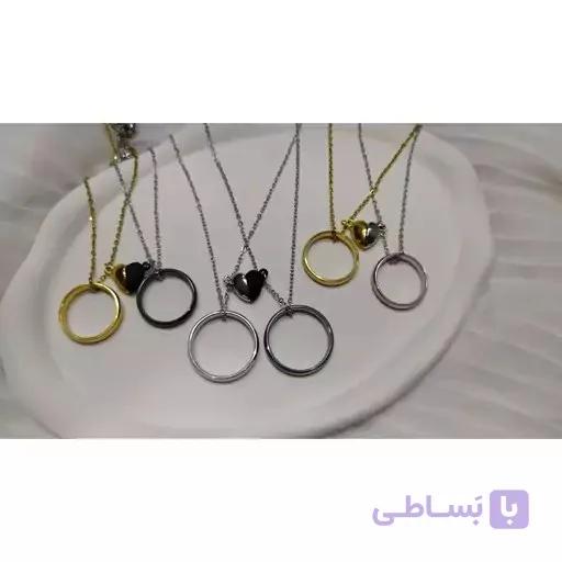 گردنبند جفتی استیل طرح حلقه تعهد (رنگبندی رندوم)