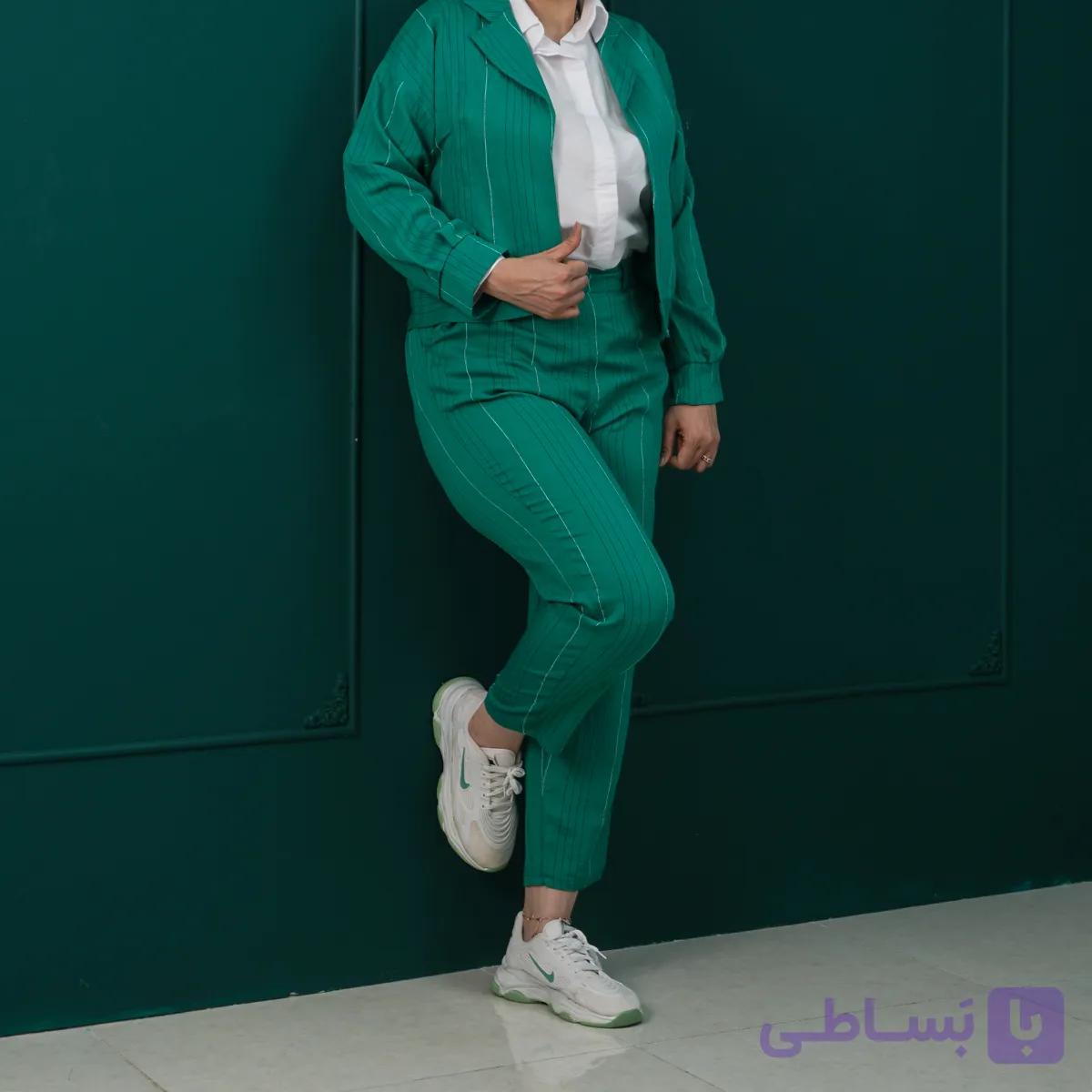 ست ۳ تکه زنانه کت کراپ، شومیز و شلوار با پارچه شانتون و داکرون استایل شیک و مدرن مجلسی