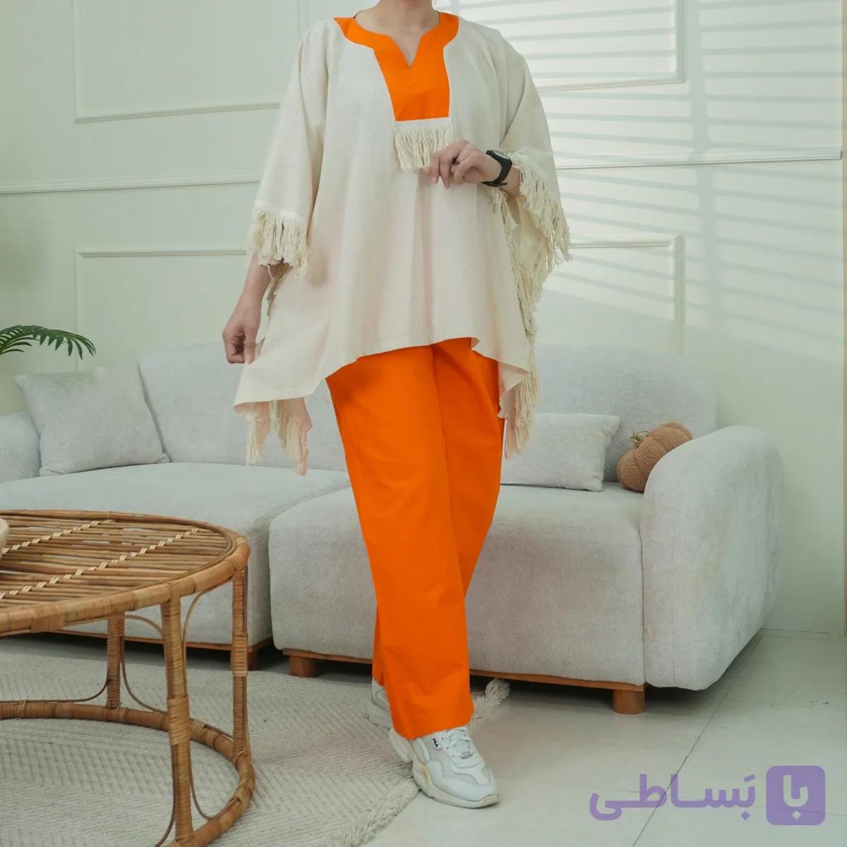 ست زنانه الیاف طبیعی پانچ و شلوار کتان | سبک، خنک و خوش‌دوخت فری سایز تا 46