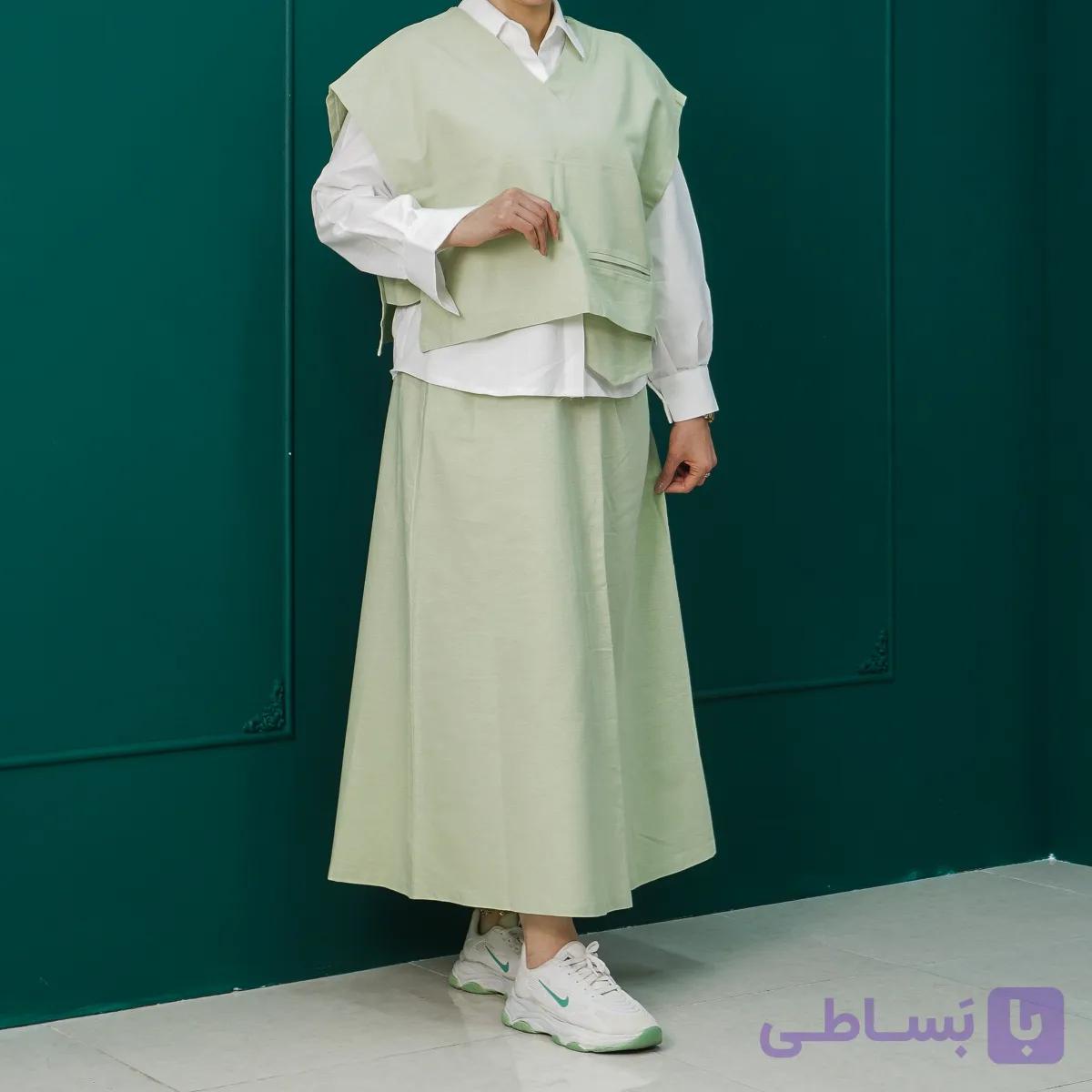 ست سه‌تکه زنانه وست، شومیز و دامن با پارچه پنبه و کتان درجه یک استایل شیک و قابل ست چندحالته