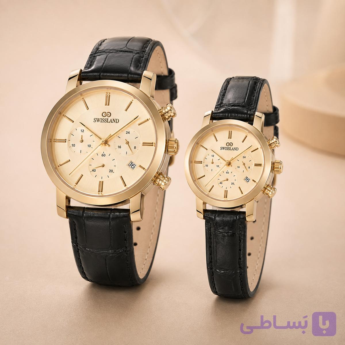 ست ساعت زنانه مردانه SWISSLAND مشکی طلایی با بند چرمی — تصویر 1