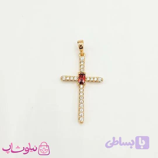 پلاک زنانه ژوپینگ مدل صلیب نگین قرمز کد 2291 — تصویر 1