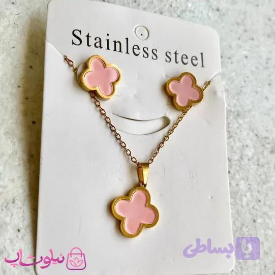 ست گردنبند و گوشواره دخترانه ونکلیف صورتی کد 1691