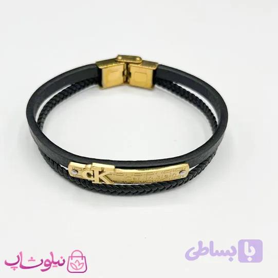 دستبند مردانه طرح سی کی CK چرم مشکی طلایی کد 1188