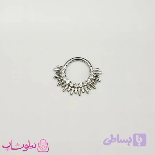 پیرسینگ دیث گوش یا سپتوم بینی مدل خورشید نقره ای رنگ فول استیل نگیندار کد 369