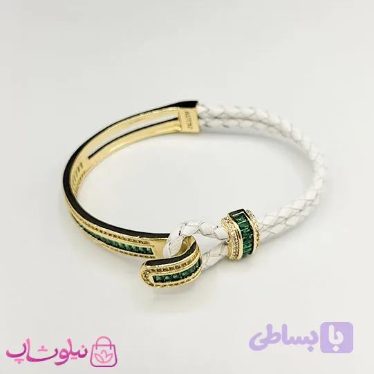 دستبند زنانه بولگاری مدل چرم استیل سبز سفید طلایی کیفیت مستر کد 1600