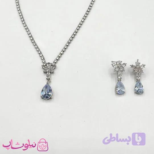 ست گردنبند و گوشواره زنانه تنیسی طرح گل با کریستال اشکی آبی کد 600