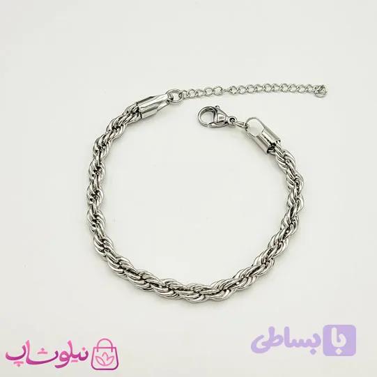 دستبند زنانه طنابی استیل نقره ای عرض 5 میل کد 1591
