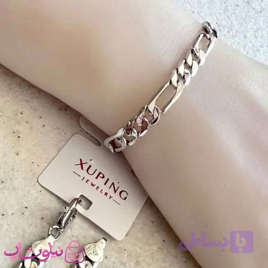 دستبند زنانه ژوپینگ طرح فیگارو نقره ای رنگ طول 19.5 سانت عرض 6.5 میل کد 5991 — تصویر 1
