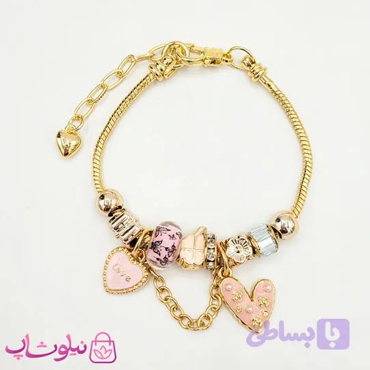 دستبند دخترانه پاندورا مدل قلب صورتی زنجیردار کد 1388