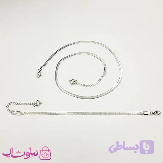 ست دستبند و گردنبند هرینگبون تخت نقره ای 4 میل کد 250 — تصویر 1