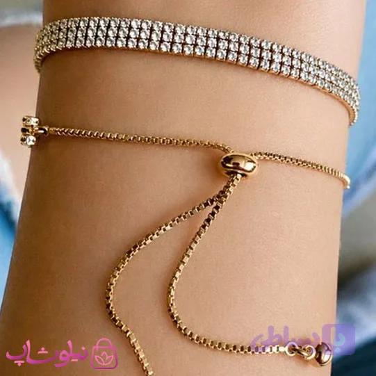 دستبند زنانه تنیسی ژوپینگ طلایی سه لاین با قفل آسانسوری کد 4991