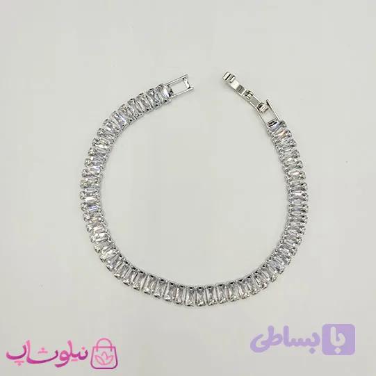 دستبند زنانه تنیسی مدل نقره ای نگین باگتی سفید 18 سانت 6 میل کد 230 — تصویر 1