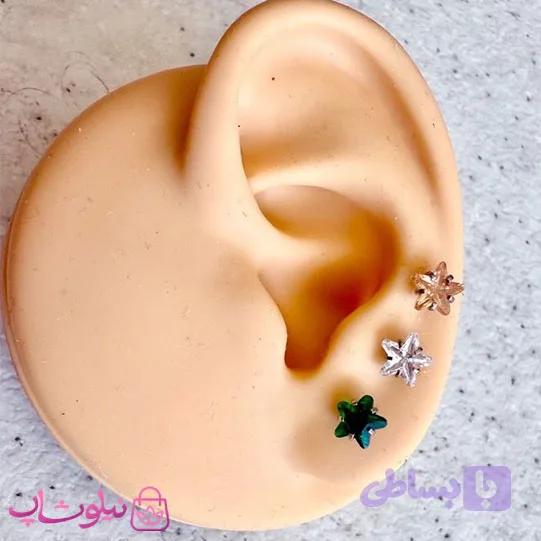 پیرسینگ گوش پایه نقره ای مدل ستاره نگین رنگی کد 599 — تصویر 1