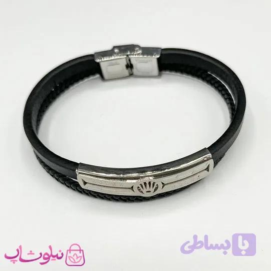 دستبند مردانه طرح رولکس چرم یک لاین مشکی نقره ای کد 1188