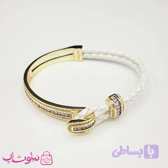 دستبند زنانه بولگاری مدل چرم استیل بنفش سفید طلایی کیفیت مستر کد 1600 — تصویر 1