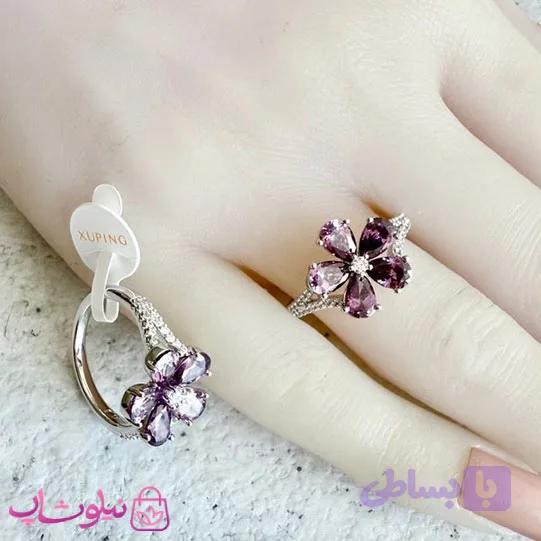 انگشتر زنانه ژوپینگ مدل گل بنفش نقره ای رنگ کد 3991