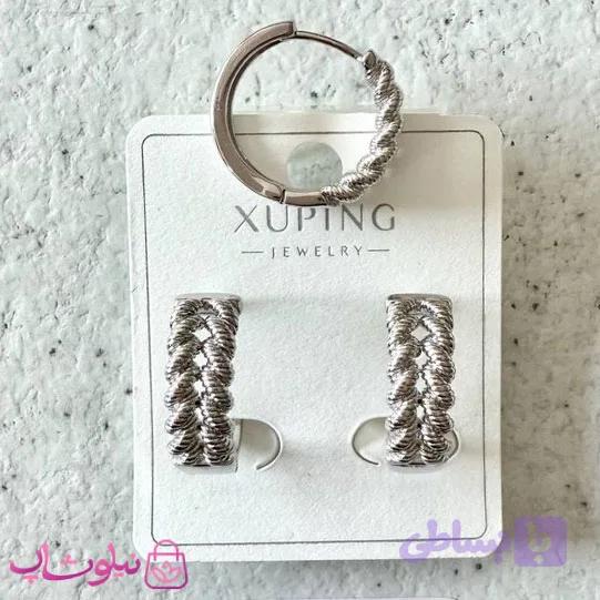 گوشواره حلقه ای زنانه ژوپینگ طرحدار نقره ای رنگ کد 2591