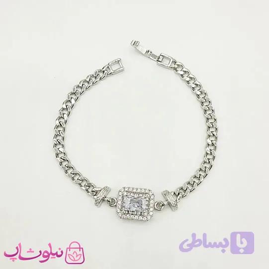 دستبند دخترانه جواهری مدل نگین مستطیل سفید کد 1088 — تصویر 1