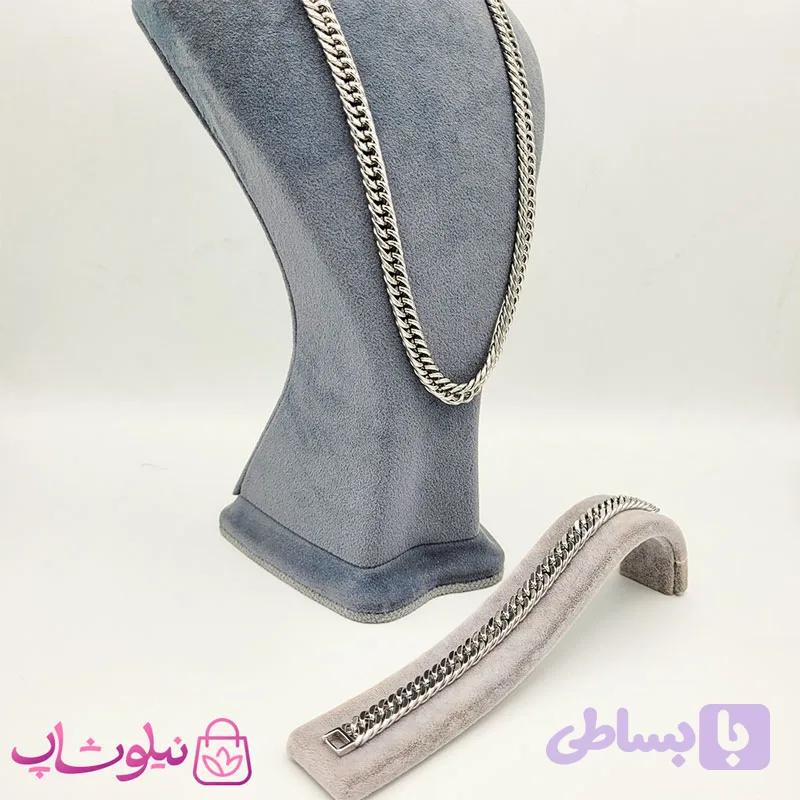 ست گردنبند و دستبند مردانه استیل نقره ای