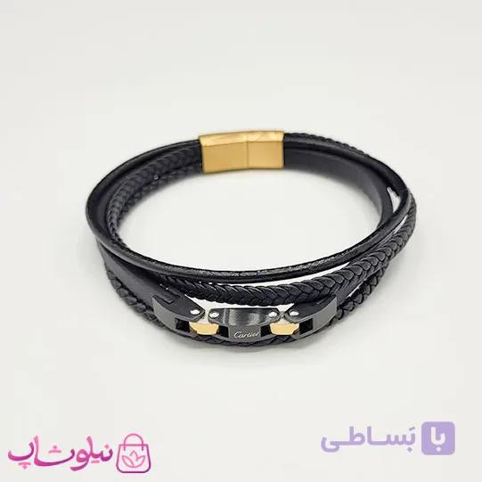 دستبند مردانه چرم استیل مدل کارتیه چندلاین مشکی طلایی کیفیت مستر کد 1150