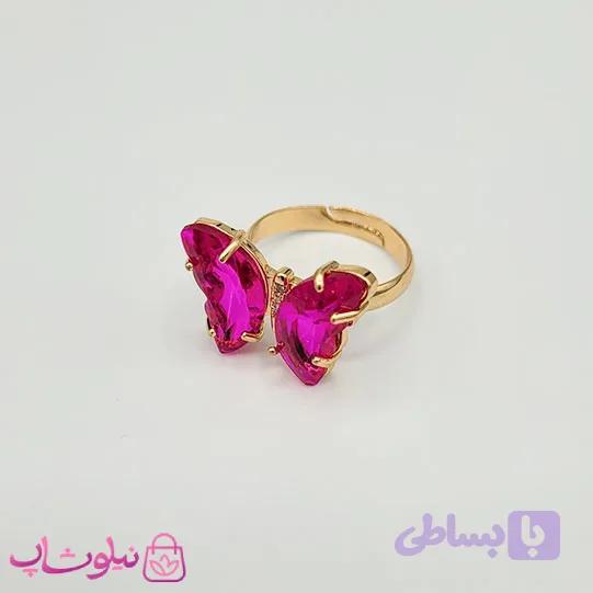 انگشتر زنانه طرح پروانه کریستالی سرخابی فری سایز کد 48