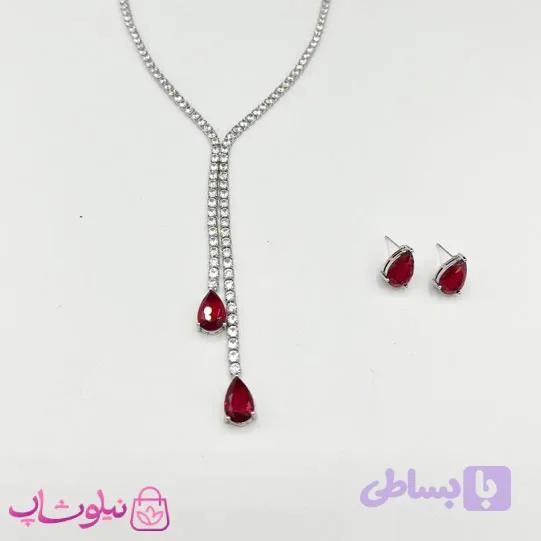 نیم ست زنانه تنیسی آویز بلند با کریستال اشکی قرمز کد 600