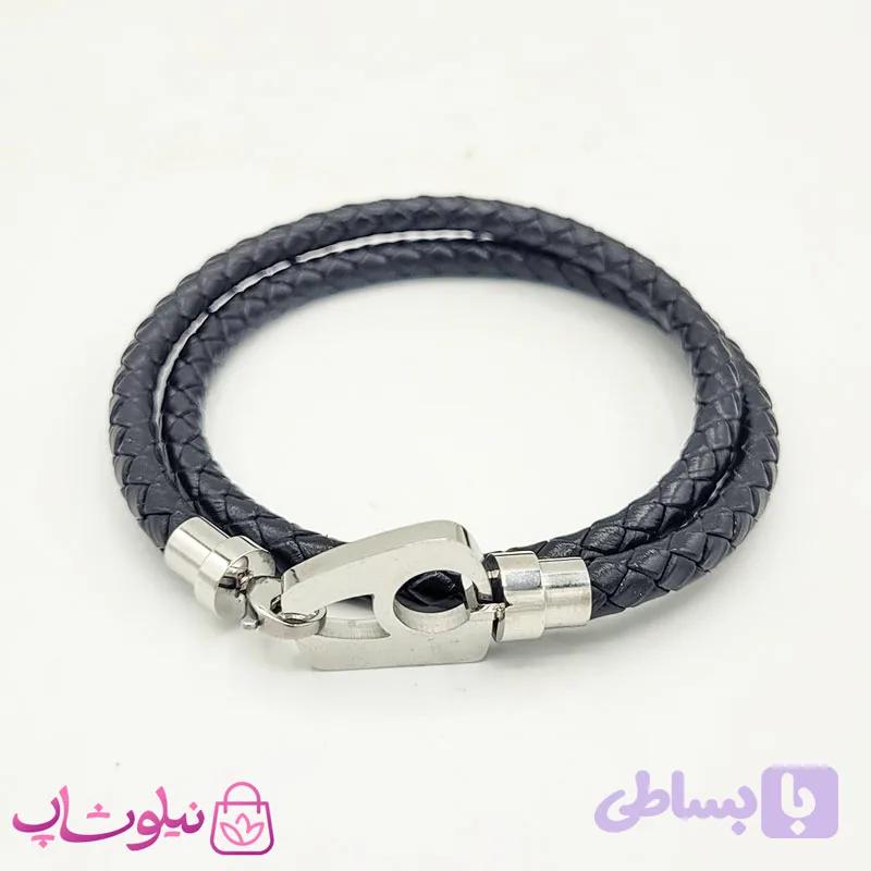 دستبند مردانه نیمانی چرم و استیل دو ردیفه — تصویر 1