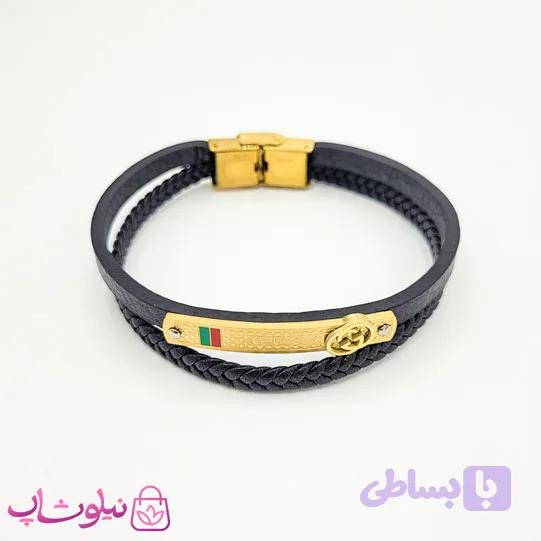 دستبند پسرانه چرم و استیل مدل گوچی Gucci مشکی طلایی کد 1188 — تصویر 1