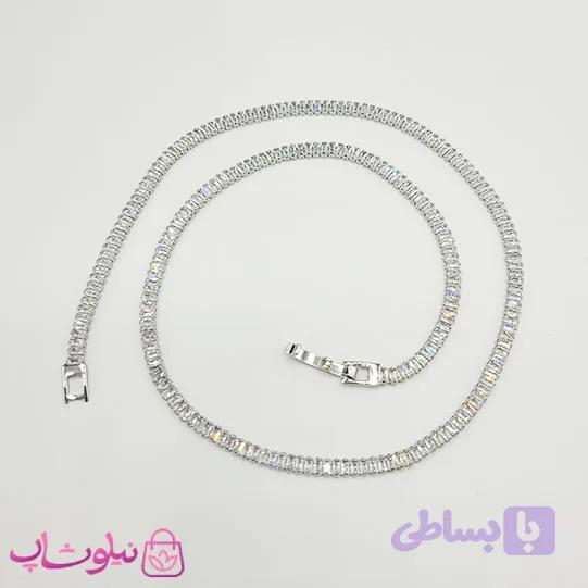 گردنبند زنانه تنیسی نقره ای با نگین باگتی سفید 45 سانت 5 میل کد 370 — تصویر 1