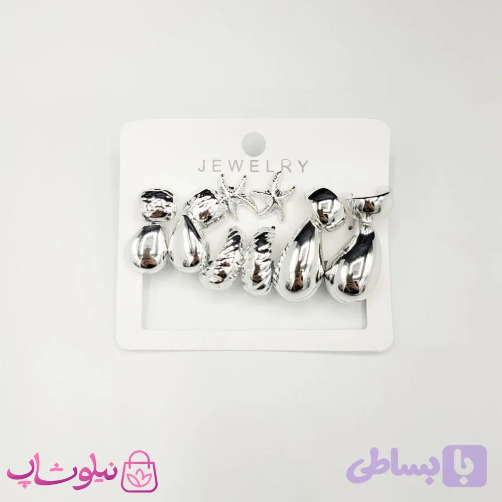 پک گوشواره پینترستی نقره ای مدل اشکی و ستاره دریایی (شش جفت) کد 200