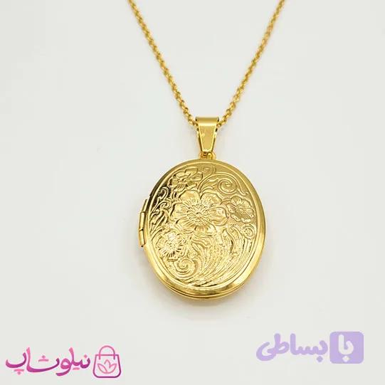 گردنبند لاکت بیضی طرح گل طلایی کد 210 — تصویر 1