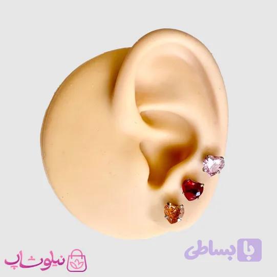 پیرسینگ گوش پایه نقره ای مدل قلب نگین رنگی کد 80 — تصویر 1