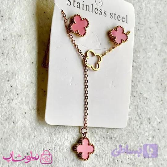 ست گردنبند آویز و گوشواره میخی زنانه مدل ونکلیف صورتی کد 1792