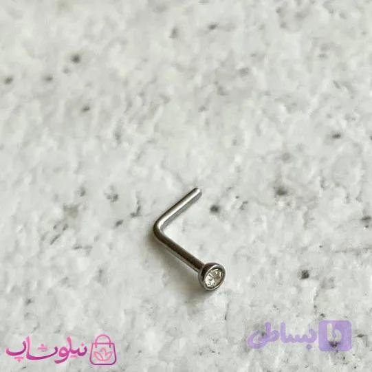 پیرسینگ بینی L شکل نگین ریز سفید نقره ای رنگ کد 238