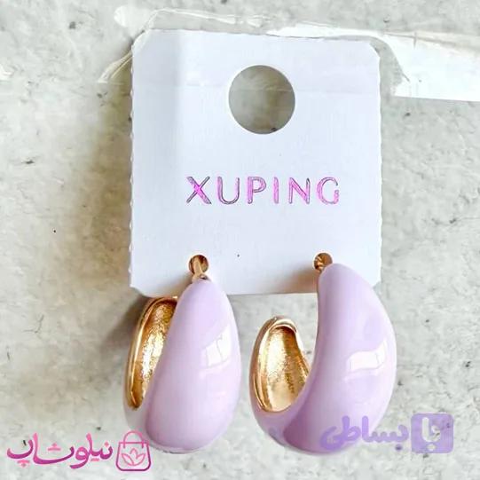 گوشواره حلقه ای ژوپینگ طلایی رنگ مدل بنفش پاستیلی کد 4991