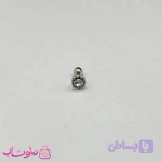 پیرسینگ گوش طرح تک نگین سفید نقره ای کد 45