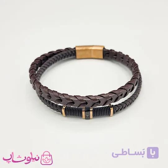 دستبند مردانه چرم استیل مدل مون بلان رنگ قهوه ای رزگلد کیفیت مستر کد 1150