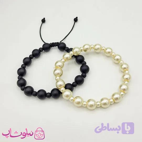 دستبند مهره ای دو ردیفه مرواریدی و مشکی