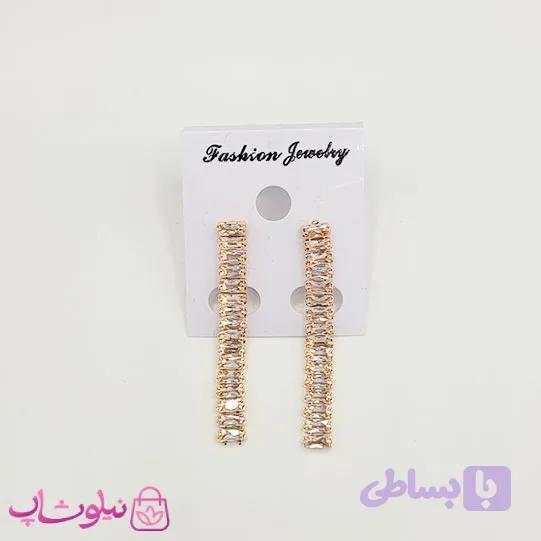 گوشواره زنانه مدل تنیسی طلایی با نگین باگتی سفید کد 190