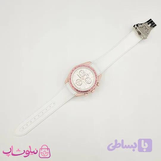ساعت امگا سواچ moonswatch با بند رابر زنانه رنگ صورتی سفید کیفیت مستر کد 3750 — تصویر 1
