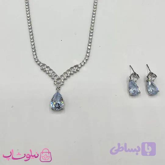 ست گردنبند و گوشواره زنانه تنیسی با کریستال اشکی آبی کد 600