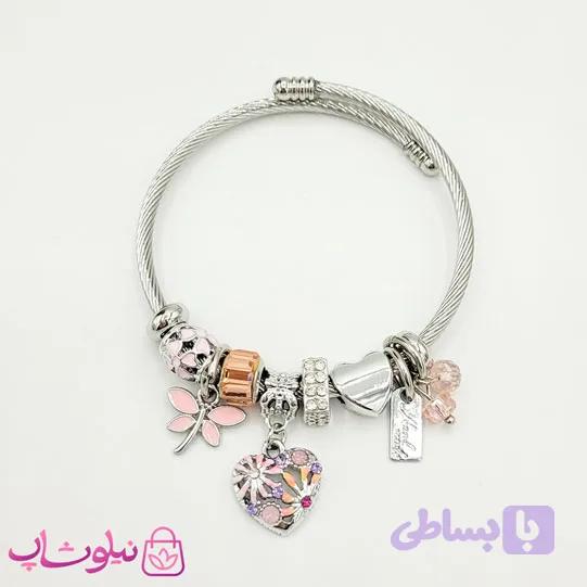 دستبند دخترانه پاندورا نقره ای مدل پروانه و قلب کد 1388