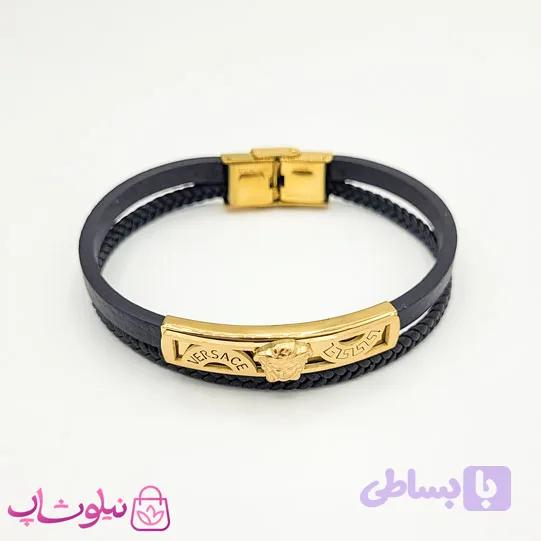 دستبند مردانه چرم و استیل مدل ورساچه برجسته کد 1188 — تصویر 1