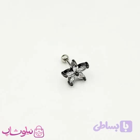پیرسینگ گوش طرح گل مشکی نقره ای کد 110