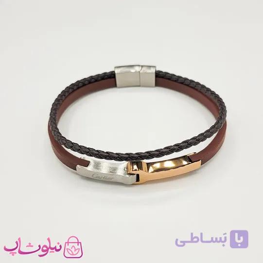 دستبند مردانه چرم استیل مدل کارتیه قهوه ای مشکی کیفیت مستر کد 1150