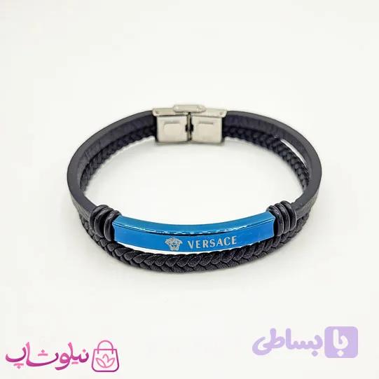 دستبند پسرانه چرم و استیل مدل ورساچه آبی کد 1188 — تصویر 1