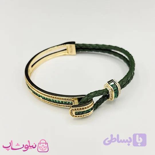 دستبند زنانه بولگاری مدل چرم استیل سبز طلایی کیفیت مستر کد 1600 — تصویر 1