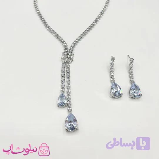 نیم ست زنانه تنیسی با کریستال اشکی آبی روشن کد 600